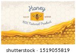 Honey combs with honey, and a symbolic simplified image of a bee as a design element on a textured background.
