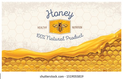 Honey combs with honey, and a symbolic simplified image of a bee as a design element on a textured background.