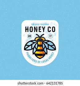 Honey Company Vintage Textured Badge. Hand Made Honeybee Illustration. Purveyors Of Local Honey. Vector Design. 