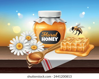 Composición de miel. Tarro de vidrio, cuchara de madera con jarabe goteando, flores de manzanilla, abeja voladora. Elementos aislados realistas. Banner publicitario. Dulce comida postre natural, concepto de vector