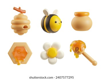 Honey concept 3d elements set. Bee, comb cell, dipper, hive, jar and flower model render. Isolated vector illustration collection.