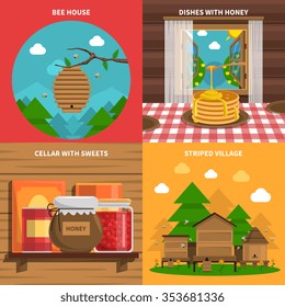 Honey concept icons set with bee house and cellar with sweets symbols flat isolated vector illustration 