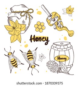 
Honey concept. Vector illustration of a barrel of honey, a jar of honey, a bee.