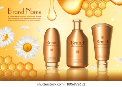 Honey cosmetics series vector illustration. Honey skin care cream product in set of 3d realistic golden container bottle packaging with honeycomb, drop and chamomile daisy flowers gold background