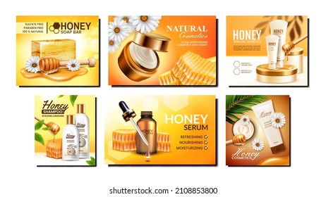 Honigkosmetik, Skincare-Hintergrund-Poster-Set. Öldesign. Schönheitspflege. Organisches Kollagen. Goldplakat. Goldener Tropfen. Bier und Biene. Gelbes Produkt. Essence-Banner. Verpackung. realistische Vektorgrafik