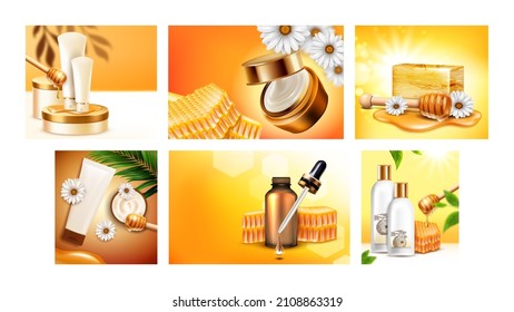 honey cosmetics skincare background poster set. Oil design. Beauty care. Organic collagen. Gold poster. Golden drop. Bee ad. Yellow product. Essence banner. packaging. realistic vector illustration