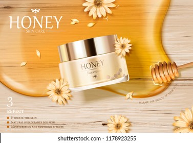 Honey cream jar ads with golden color syrup and dipper on wooden table in 3d illustration, flat lay