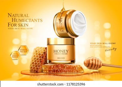 Honey cream jar ads with honeycombs and dipper on golden glittering background, 3d illustration