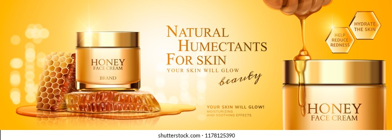 Honey cream jar banner with honeycombs and pure honey in 3d illustration