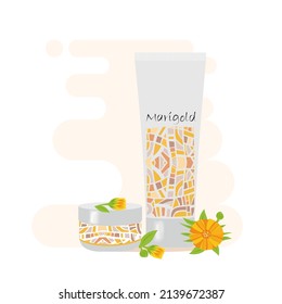 Honey cream jar and tube with honeycombs and dipper.  Marigold flowers, calendula in cartoon simple flat style. Flat vector illustration, isolated objects.