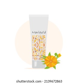 Honey cream jar and tube with honeycombs and dipper. Marigold flowers, calendula in cartoon simple flat style. Flat vector illustration, isolated objects.