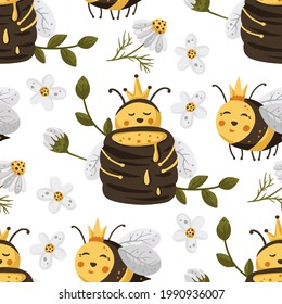 Honey cute bee insect summer seamless pattern background. Cartoon baby fly nature design with daisy flower. Vector illustration sweet textile design.