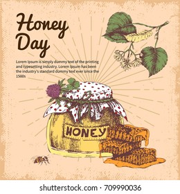 Honey day hand drawn design with branch of linden bee product on beige worn background vector illustration