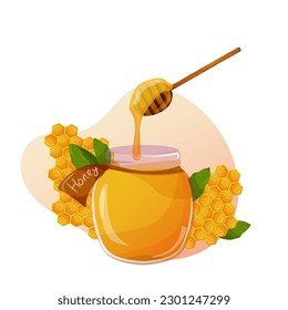 honey day jar with honey and spoon honeycomb around suitable for advertising web packaging