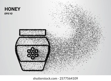 Honey depicted with small circles and dots, with particles swirling around it. Vector illustration.