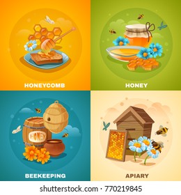 Honey design concept with bees and flowers, honeycomb, apiary, beekeeping isolated on color background cartoon vector illustration