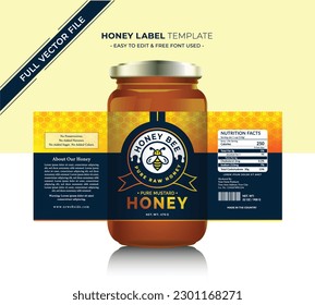 Honey design and honey label with banner natural bee honey glass jar sticker creative packaging idea gold honey background healthy organic product and yellow and black label.