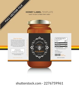 Honey design and natural honey label with vector new honey jar label product sticker design creative packaging gold honey and black food label food.