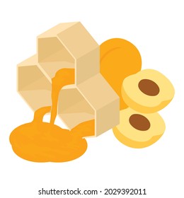 Honey dessert icon isometric vector. Fresh ripe juicy apricot and honeycomb. Sweet product, cooking ingredient