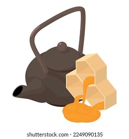 Honey dessert icon isometric vector. Cast iron teapot and honeycomb with honey. Dinner, tea drinking