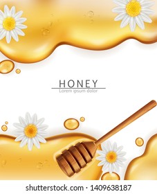 Honey dip background Vector realistic. Pouring honey liquid. 3d illustration