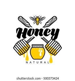 Honey dipper apiary logo, sketch style vector illustrations isolated on white background. Hand-drawn honey dipper logo for honey products, labels, bee farms and apiaries