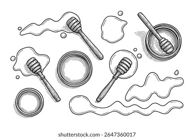 Honey Dipper with Bowls and Puddles of Sweet Nectar Black and White Vector