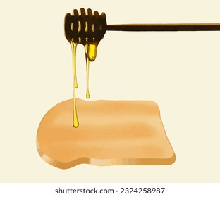 A honey dipper drips honey onto a slice of white toast in this 3-d illustration.