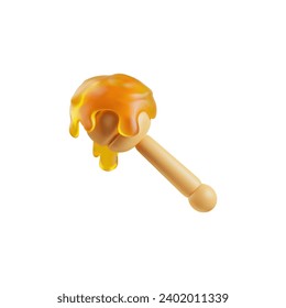 Honey dipper drop 3d realistic vector illustration. Bee honey on wooden spoon, dripping sticky tasty syrup. Sweet nectar dessert isolated on white background. Natural healthy food