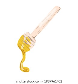 Honey Dipper with flowing honey. Wooden traditional spoon for honey. Vector hand drawn illustration