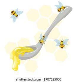 cuentagotas. cuchara de miel dibujada a mano en forma de caricatura. miel de abeja o jarabe de arce. Ilustración vectorial aislada en fondo blanco.