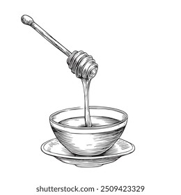 Honey Dipper with Honey, Hand-Drawn Vector, Graphic Style, Cartoon Illustration, Black and White, Sketch Style, Isolated on White Background
