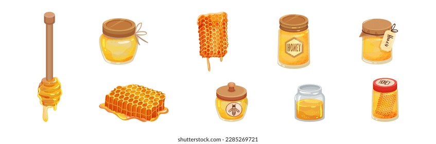 Honey with Dipper and Honeycomb with Sticky Golden Nectar Vector Set