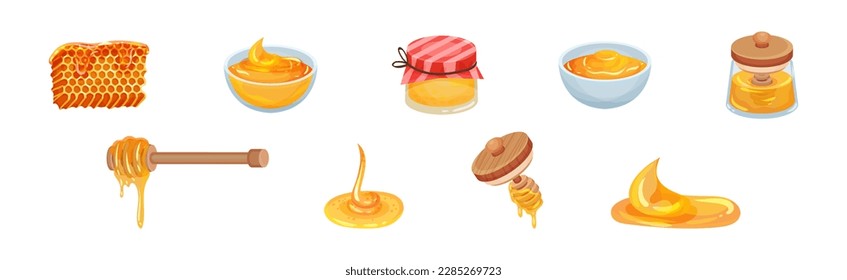 Honey with Dipper and Honeycomb with Sticky Golden Nectar Vector Set