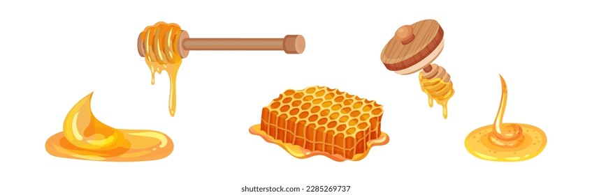 Honey with Dipper and Honeycomb with Sticky Golden Nectar Vector Set