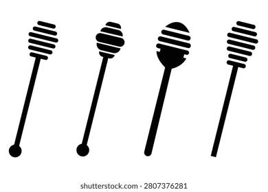 Honey Dipper Icon Set – Outline, Solid Glyph and Silhouette Vector Honey Drizzler Kitchen Tool Symbols Isolated on Transparent Background