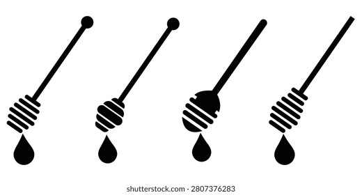 Honey Dipper Icon Set – Outline, Solid Glyph and Silhouette Vector Honey Drizzler Kitchen Tool Symbols Isolated on Transparent Background