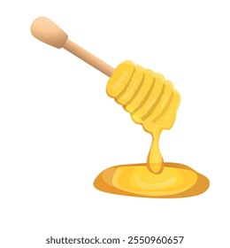 Honey dipper isolated on white background. Vector cartoon flat illustration of dripping honey from wooden dipper.