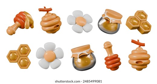 Honey dipper, nest of wild bees, chamomile, jar of honey, filled honeycombs