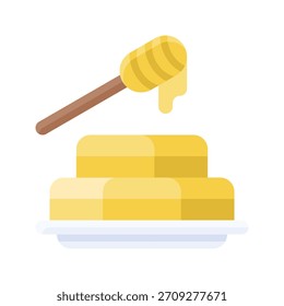 Cucharón de la miel con la miel en la Ilustración vectorial de la placa, icono plano del estilo