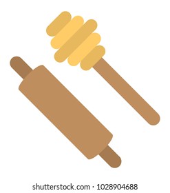 
Honey dipper with rolling pin, flat icon
