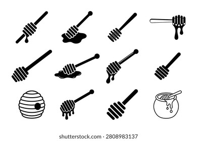 Honey Dipper Silhouette Collection Set, Honey Drizzler, Beehive and Honey Pot Vector Icons Bundle Isolated on White Background