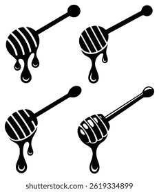 Honey Dipper Silhouette, Dripping Sweet Liquid Vector Icons