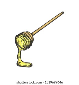 Honey dipper spoon simple hand drawn illustration, dipper with honey dripping isolated colored design element.