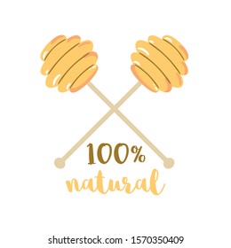 Honey dipper Spoon honey text 100 natural honey Bee product logo icon sticer Draw for banner, card. Cute beekeeping hand drawn cartoon element. Yellow color. Eco natural food. Vector illustration