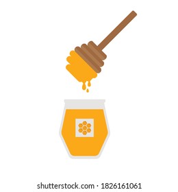 Honey dipper stick with dripping and honey bottle honey flat vector color icon for apps and websites