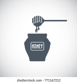 Honey Dipper Stick With Dripping Honey And Jar Icon. Vector Illustration.