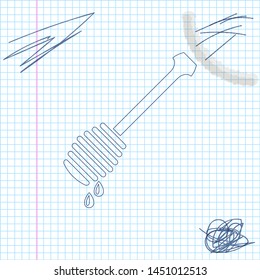 Honey dipper stick with dripping honey line sketch icon isolated on white background. Honey ladle. Vector Illustration