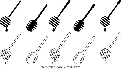Honey dipper stick icon set, honey stick icons vector graphic designs elements, isolated on transparent background. Honey ladle. Square button. Minimalism concept, used for food and beverage pictogram