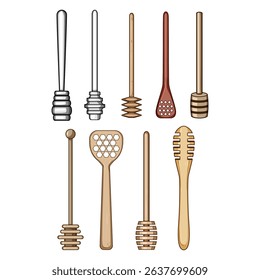 honey dipper stick set cartoon. apiary hive, beeswax nectar, pollen propolis honey dipper stick sign. isolated symbol vector illustration
